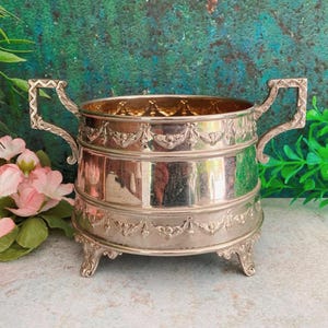 Ornate Sugar Bowl with Feet & Handles, Vintage Chromed Metal Footed Serving Dish, Coffee Tableware