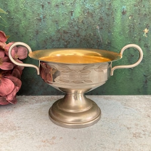 Trophy Cup, Chrome Silver Gold Antique Loving Cup, Footed Metal Bowl, Curvy Handles, Unique 1920s Vintage Home Decor, Scandinavia Sweden