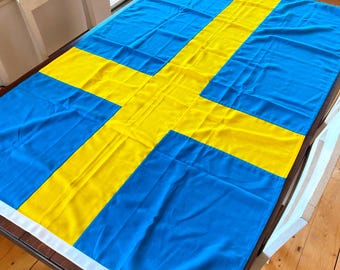 Swedish Outdoor Flag Banner, Vintage Large Sewn Quality Cotton Fabric, Blue Yellow Wall Decor, Scandinavia Sverige 129x74cm