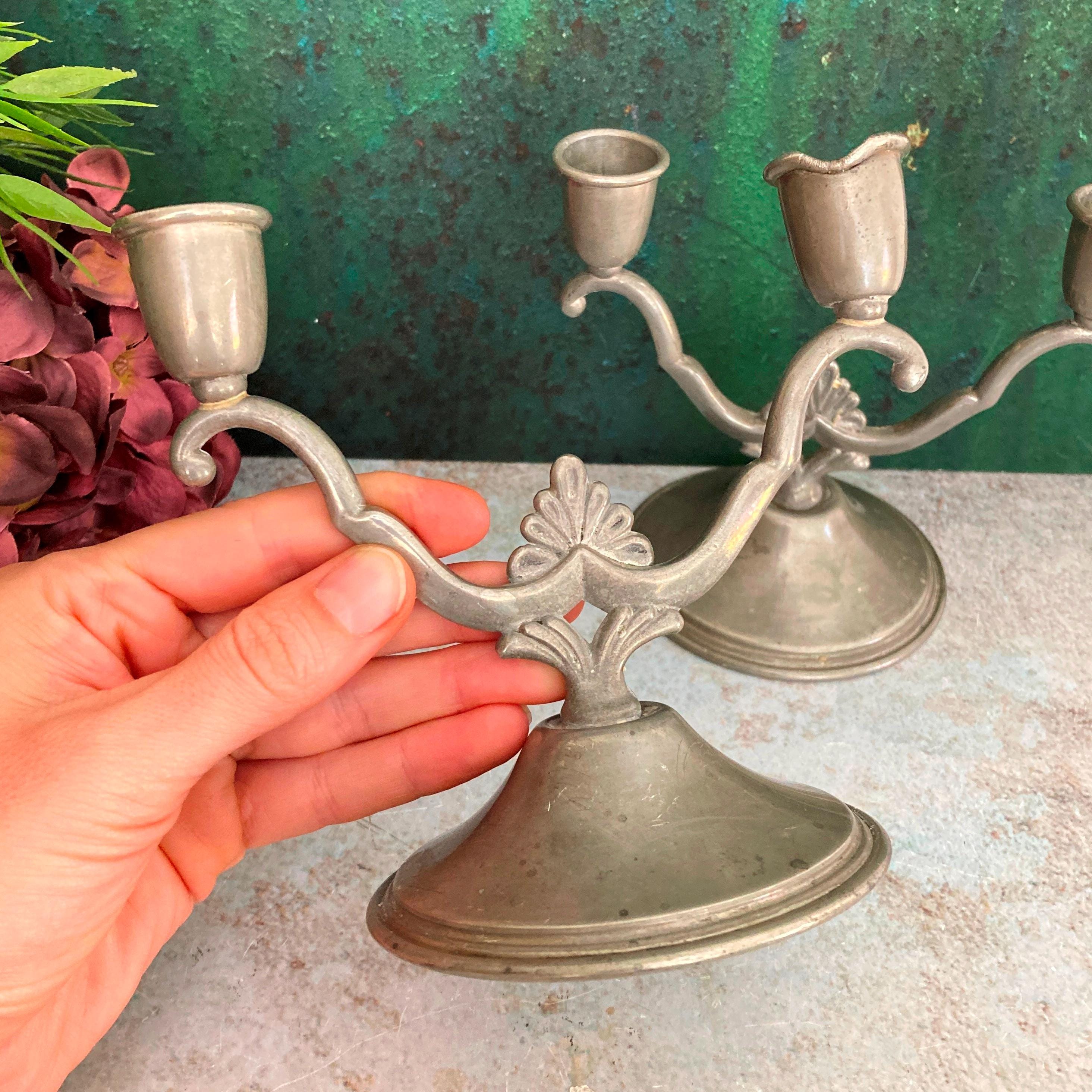 Vintage Two Arm Candle Holders Pair, Pewter Candle Sticks