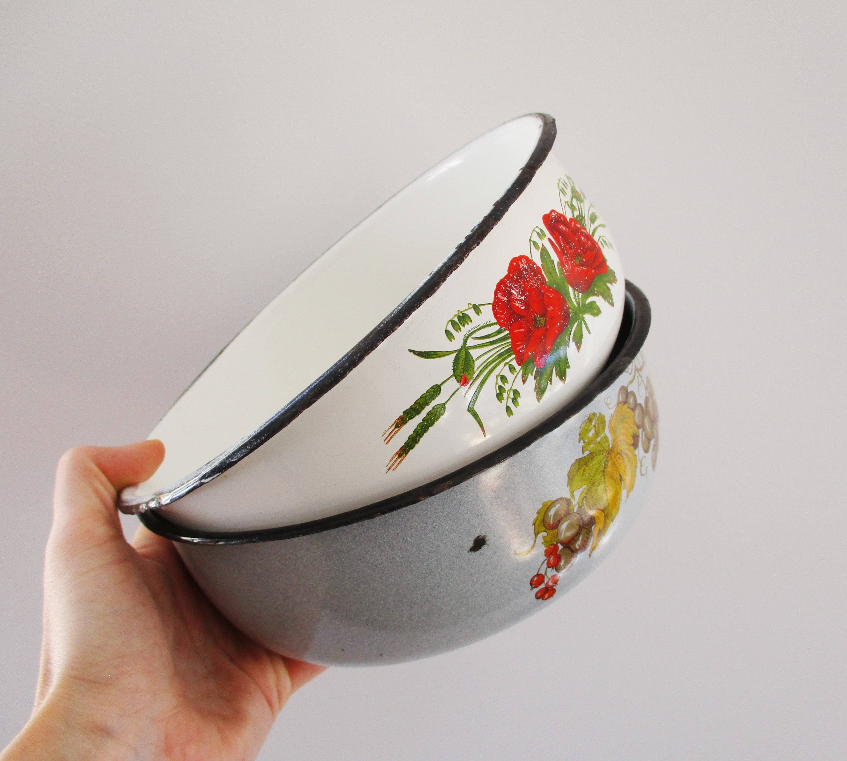 Two Enamel Bowls Decorated Enamelware Cooking Dishes Etsy