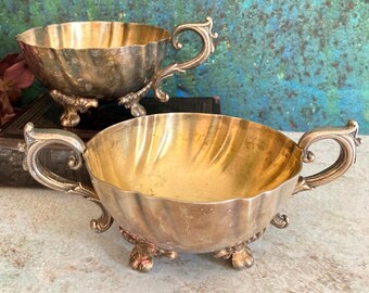 Sugar Bowl & Creamer Pair, Ornate Paw Feet, Antique Silver Plated Victorian Tableware, 1920s Scandinavian Serveware