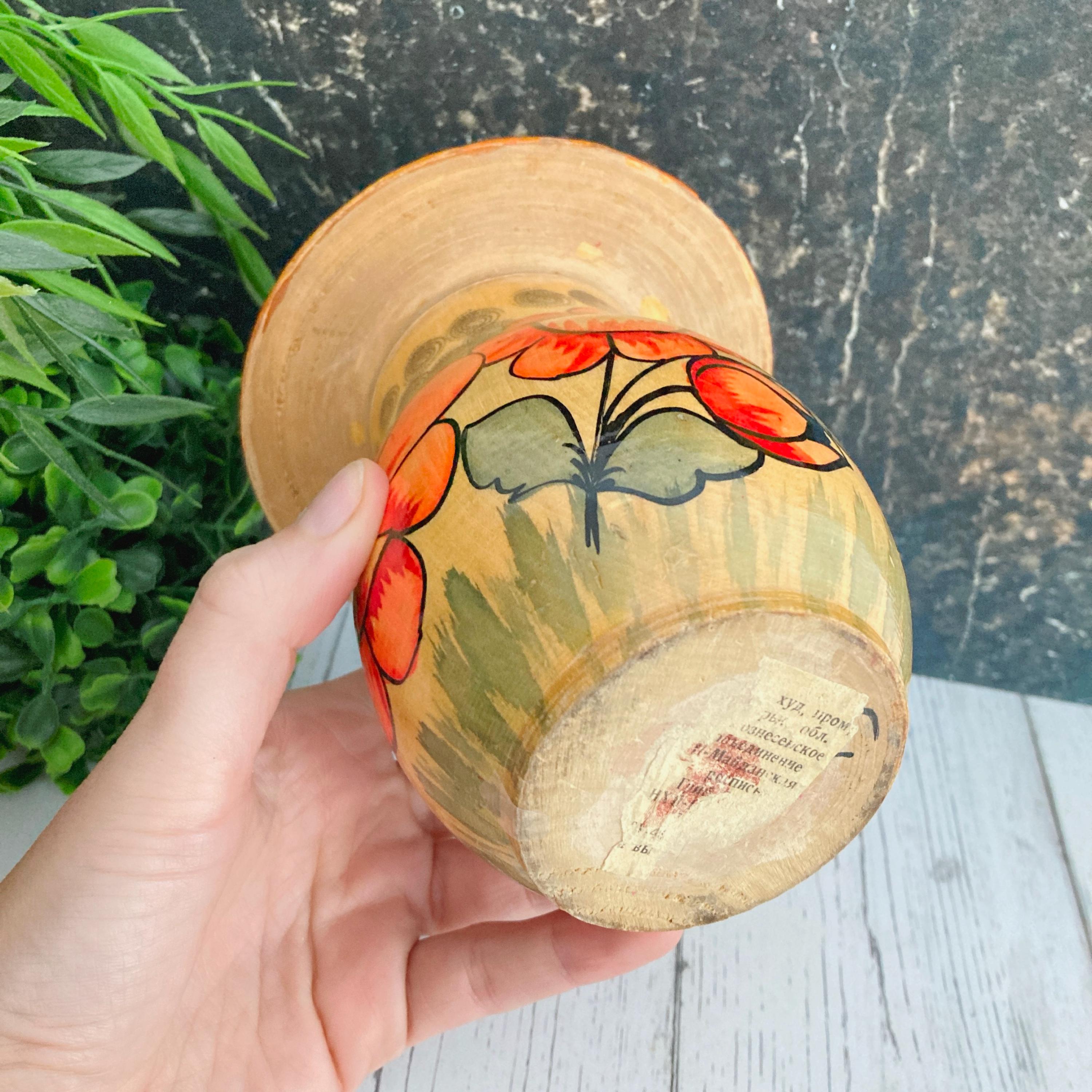 ヴィンテージ木製キノコ、中空貯金箱、1950年代ソビエト手描きピンクの 