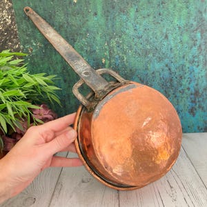 Copper Sauce Pan, Massive Antique Rustic Pan, Hand Forged Long Handle, Handmade Country Kitchen Decor, Vintage Farmhouse Decor 7&quot;