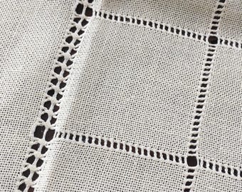 Drawn Thread Work Table Cloth, Natural Light Yellow Openwork Table Linen, Hand Stitched Needleweaving Embroidery