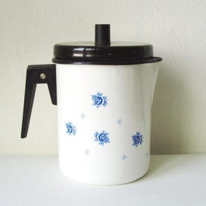 White Enamel Pitcher, Black Lid Rim Handle, Vintage 1930s Estonian Coffee Pot, Farmhouse Decor, Clean, Usable