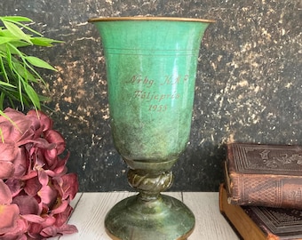 Vintage Trophy Cup, 1950s Scandinavian Verdigris Bronze Footed Vase, Carl Sorensen Style Copper Chalice