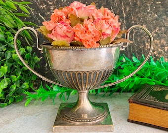 Trophy Cup, Silver Plated Footed Sports Award, Antique Metal Loving Cup on Stand, Embossed Silver, Hallmarked Unique Vintage Silver Gift