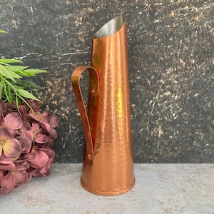 Copper Vase, Mid Century Mod Bud Vase, Brass Jug w Handle, Hand Hammered Pitcher, 1970 Sweden, Scandinavian Vintage Home Decor