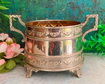 Ornate Sugar Bowl with Feet & Handles, Chromed Metal Footed Serving Dish, Coffee Tableware