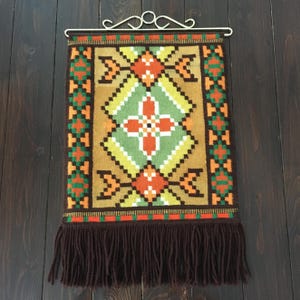 Hand Woven Scandinavian Tapestry, Geometric Flemish Weaving, Vintage Wall Hanging, Metal Hardware, Long Fringe, Swedish Folk Art 14&quot;x22&quot;