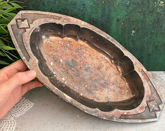 Oval Silver Plated Tray, Vintage Art Nouveau Bowl, Embossed Tarnished Metal Serving Platter, Hallmarked Centerpiece