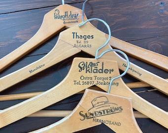 Wooden Coat Hangers, 4 Antique Swedish Stamped Clothes Display Hangers for Vintage Dresses, Closet Organizing