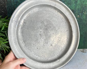 Antique Pewter Charger Plate, 1800s Scandinavian Heavyweight Handmade Primitive Rustic Tin Ware Serving Tray