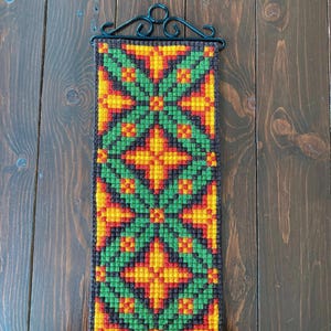 Vintage Bell Pull Needlepoint Tapestry, Swedish Folk Art Embroidery, Scandinavian Geometric Wall Hanging