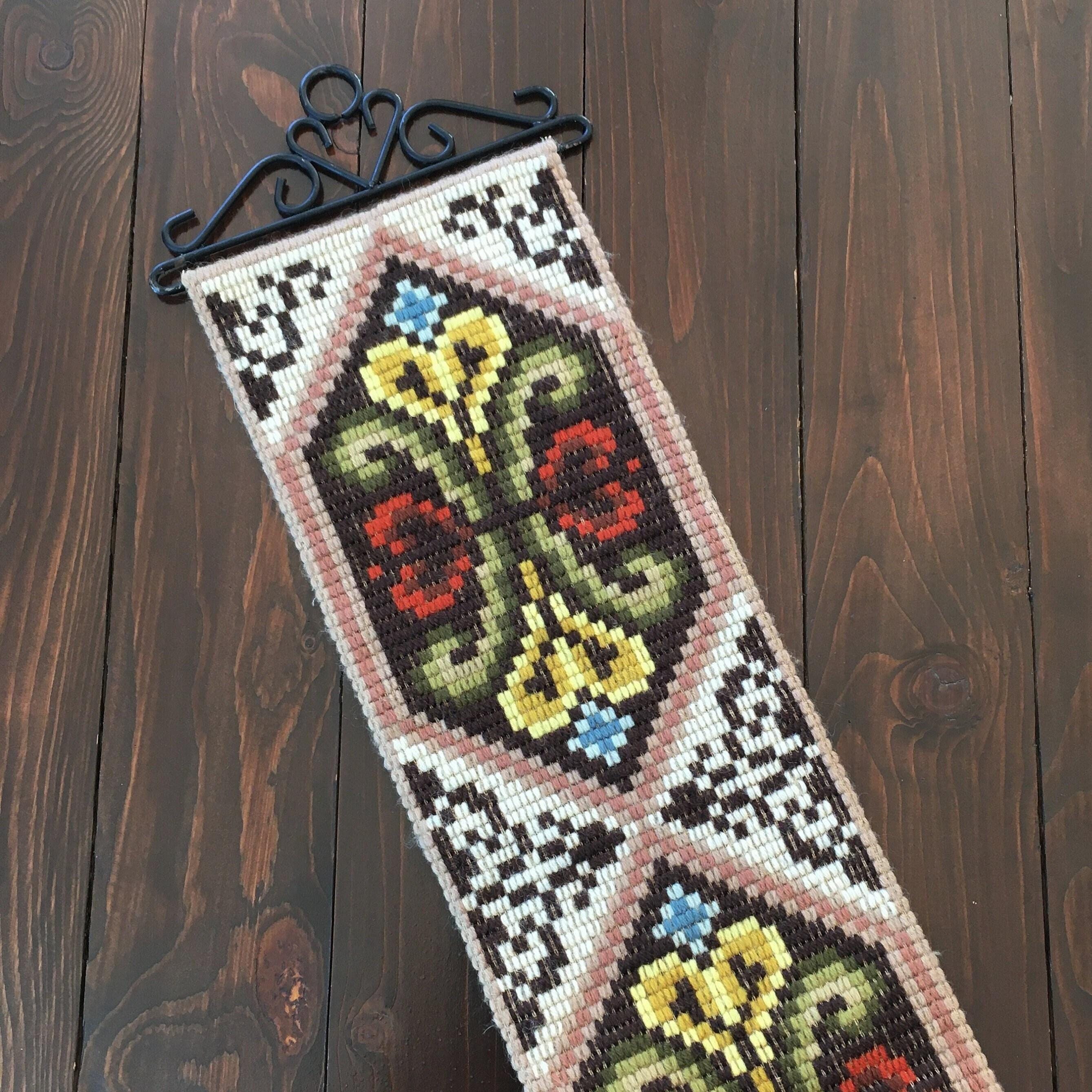 Vintage Bell Pull, Scandinavian Needlepoint, Swedish Embroidery, Long Tapestry, Handmade Wall Hanging, Metal Hardware 6"x37"