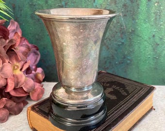 Vintage Trophy Cup, Small Silver Plated Footed Cup, Wood Base, 1930s Scandinavia, Swedish Home Decor