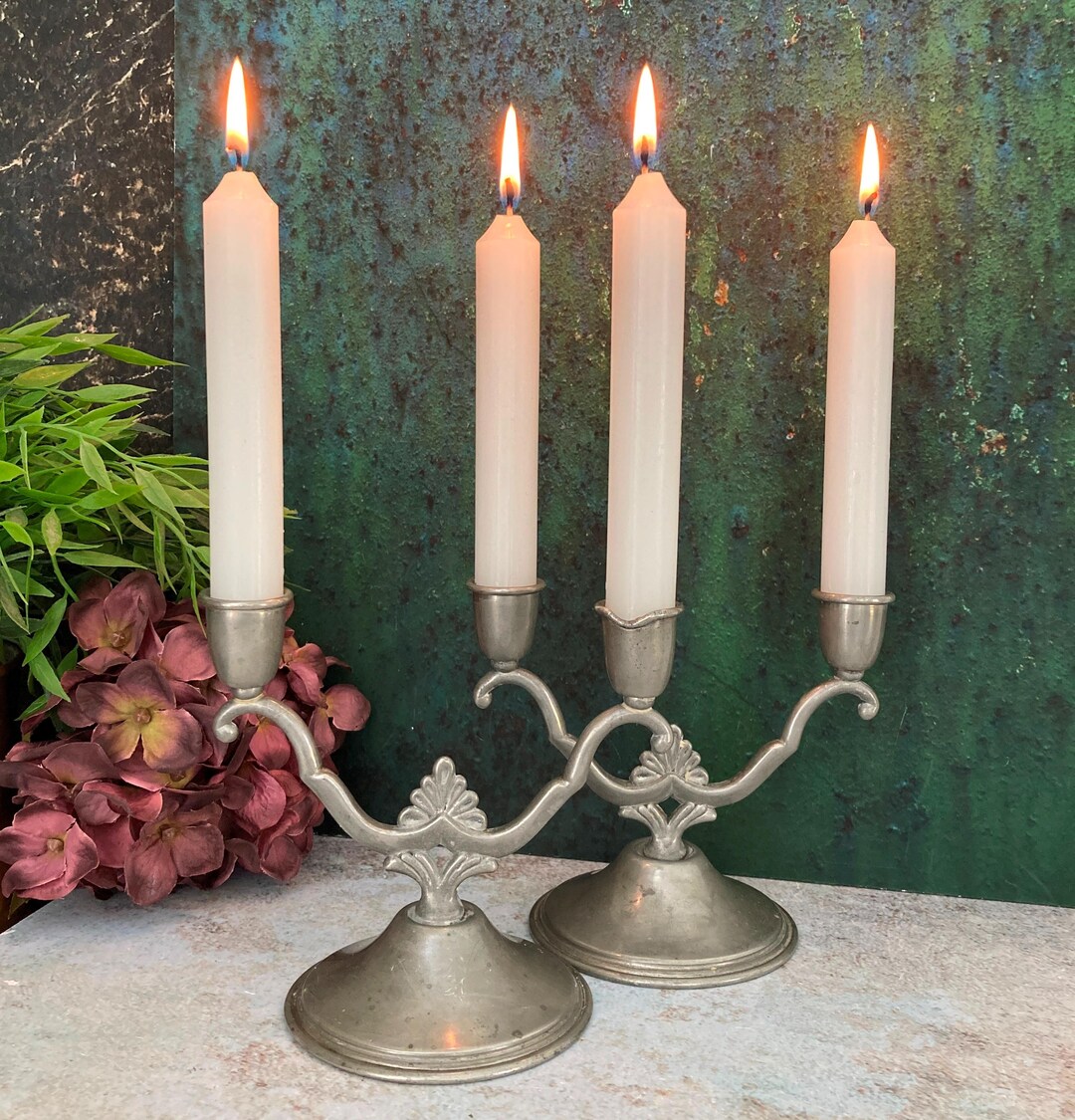 Vintage Two Arm Candle Holders Pair, Pewter Candle Sticks