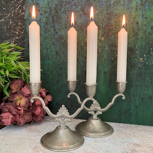 Two Arm Candle Holders, Pair of Pewter Metal Candle Sticks, Vintage 1930s Handmade Scandinavian Swedish Tinware, Nordic Swenskt Tenn