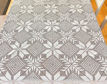 Large Lace Tablecloth, Vintage Hand Crochet Filet Lace, Tassels, Handmade White Cotton Table Linen, Fine Craftsmanship 55"x55"