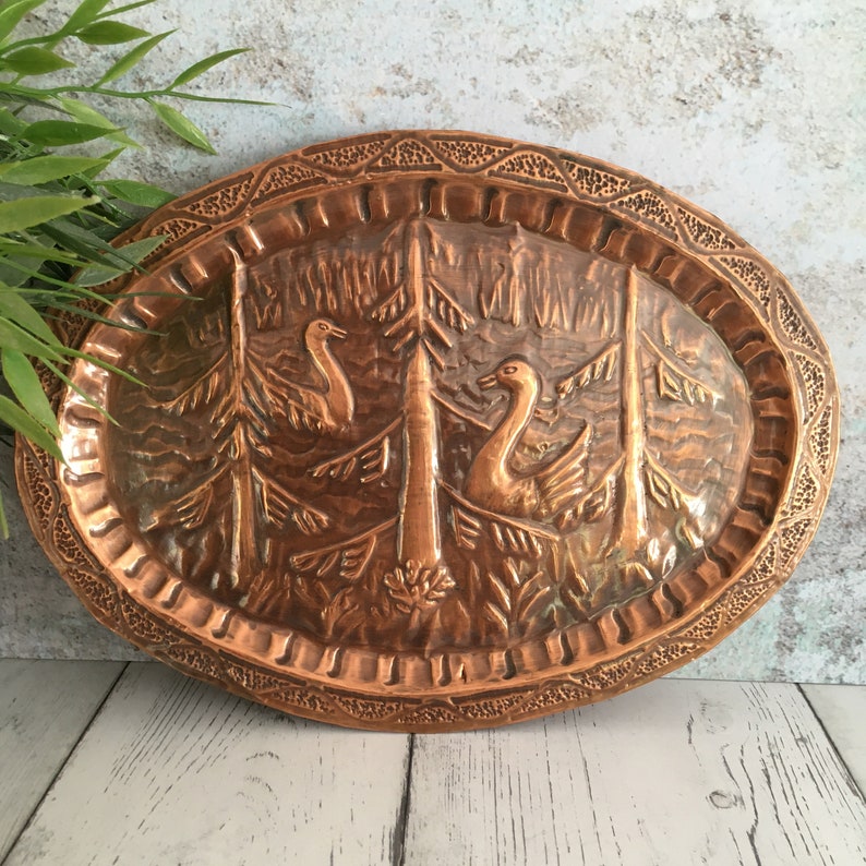 Vintage Copper Plaque Swans Embossed Wall Decor Platter Etsy