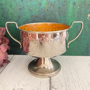 Trophy Cup, Silver Chrome Vintage Loving Cup, Embossed Etched Metal, Footed Bowl w Curvy Handles, Unique Antique Decor, Scandinavia Sweden