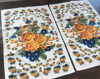 Vintage Floral Tea Towels, Pair of Unused Cotton Kitchen Towels with Bold Yellow Flowers from 1980s Estonia