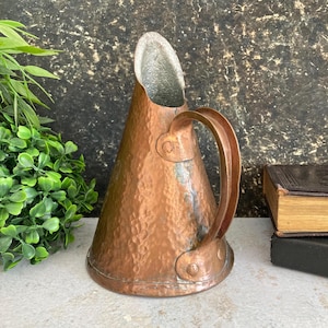 Rustic Copper Vase, Mid Century Mod Bud Vase w Handle, Hand Hammered Heavy Brass Pitcher, Vintage Handmade Metal Jug, Scandinavia