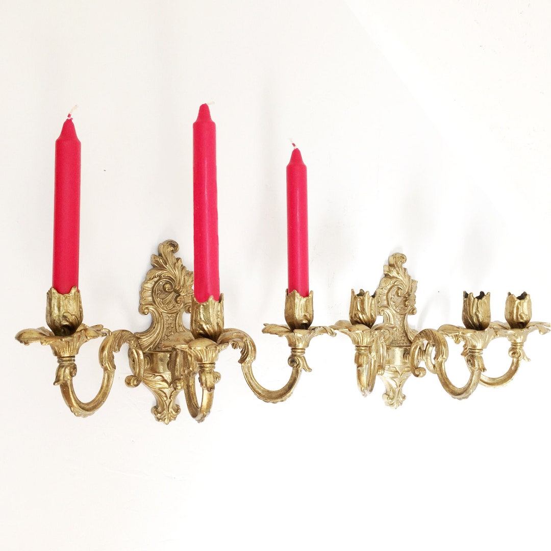 Candle Wall Sconce Pair 2 Antique Brass Candelabras Large Etsy UK