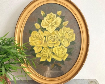 Dipinto a olio vintage con cornice, rose gialle, cornice ovale in legno dorato, firmato 29 x 35 cm