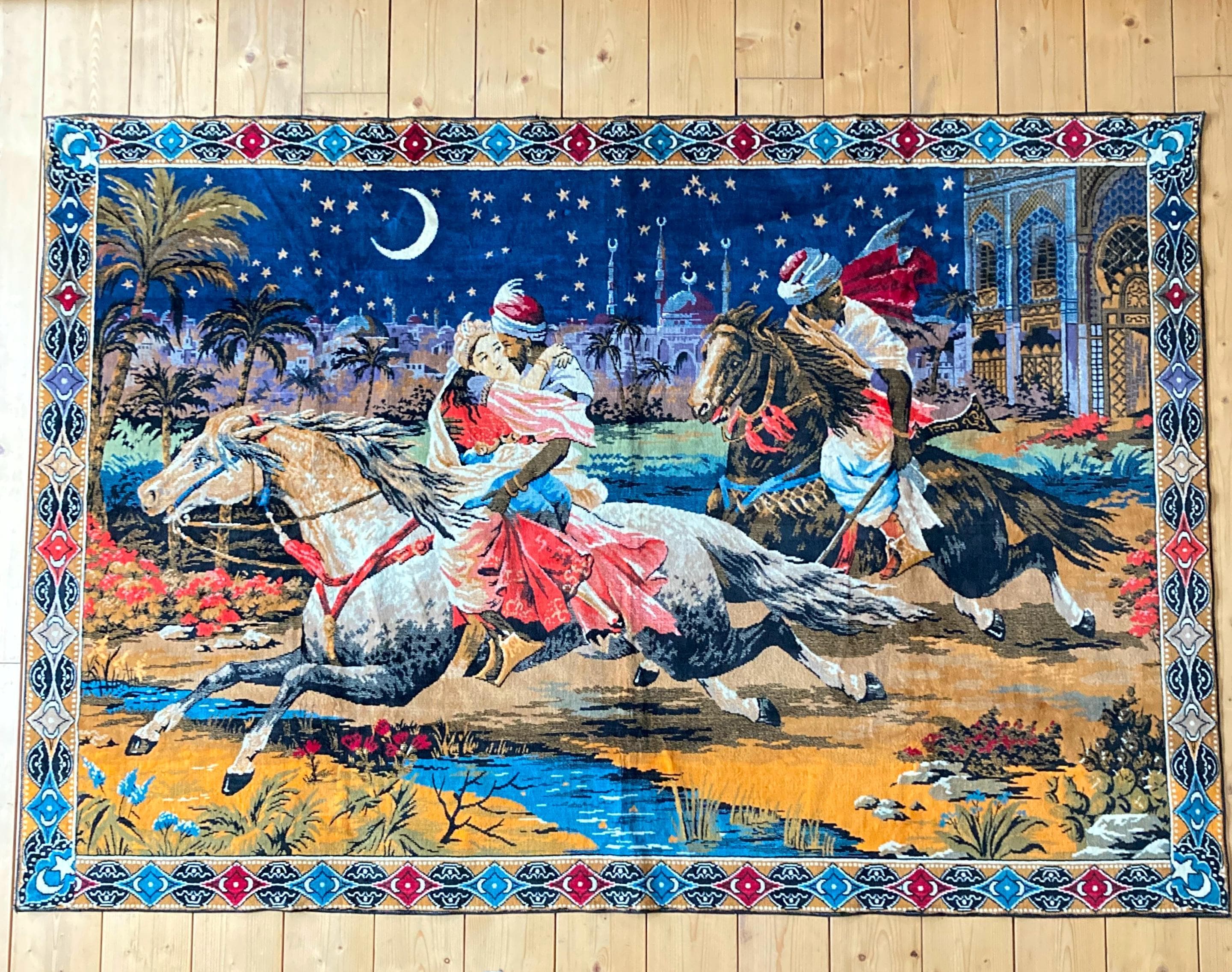 Oriental Velvet Tapestry, Large Exotic Vintage Wall Rug, Arabian