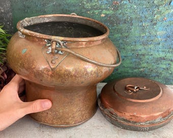 Antique Copper Pot, Lid & Handle, Rustic Cauldron, 1920s Scandinavian Hand Hammered Copperware
