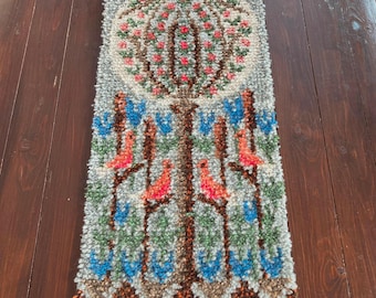 Shag Rug Wall Hanging, Blooming Tree Birds Rya Rug, Scandinavian Handmade Ryiju, Vintage Long Pile Wool Latch Hook Rug, Mid Century Modern