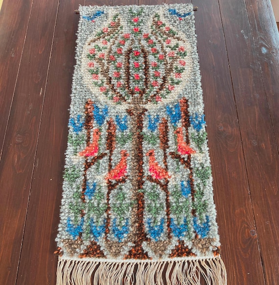 Vintage Wool Rya Rug Wall Hanging: Tree of Life & Birds, 1970s