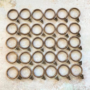 Curtain Rings with Metal Clips, 30 Durable Brown Gold Plastic Rings, Vintage Light Weight Drapery Rings, Antique Farmhouse Drapery Hoops