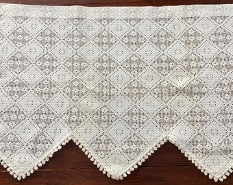 Vintage Lace Valance, Natural White Cotton Cafe Curtain with Fringe, Triangular Kitchen Window Treatments