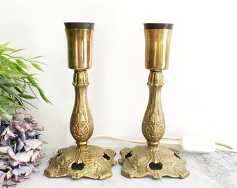 Brass Table Lamp Pair, 2 Antique Table Lights, Ornate Bronze Electric Bedside Lamps, Cast Bronze, Victorian Baroque Home Decor 8"