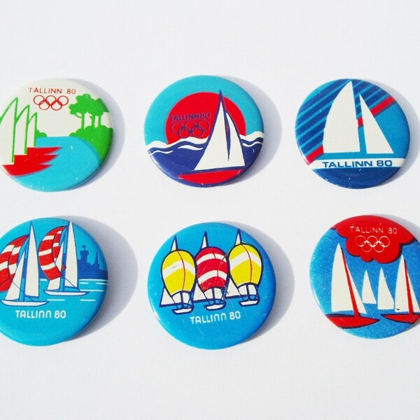 Pin collection Soviet Vintage USSR Badge Summer Olympic Games Turquoise Blue sea Yacht Sailboat Pin back button