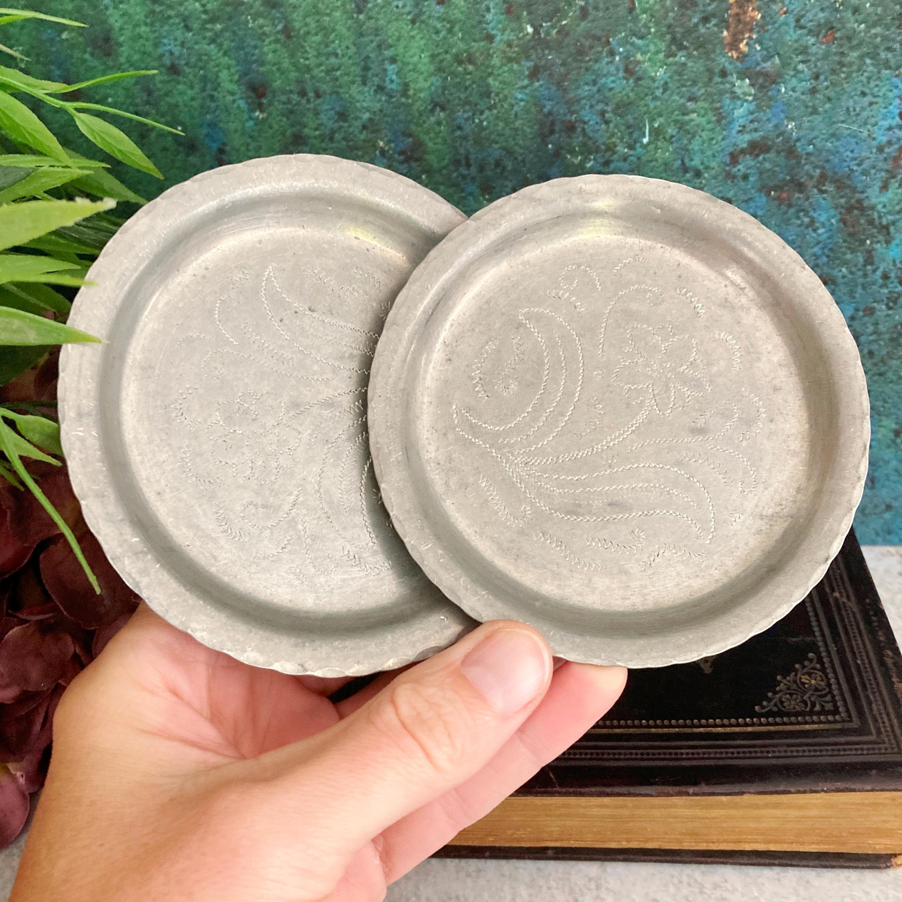 アンティークピューターコースター2枚セット、素朴なワインシャンパン