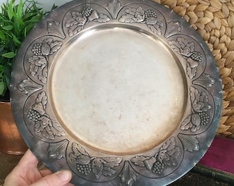1930s Art Nouveau Serving Tray, Large Vintage Swedish Silver Plated Platter, Embossed Foliage Decor 12"