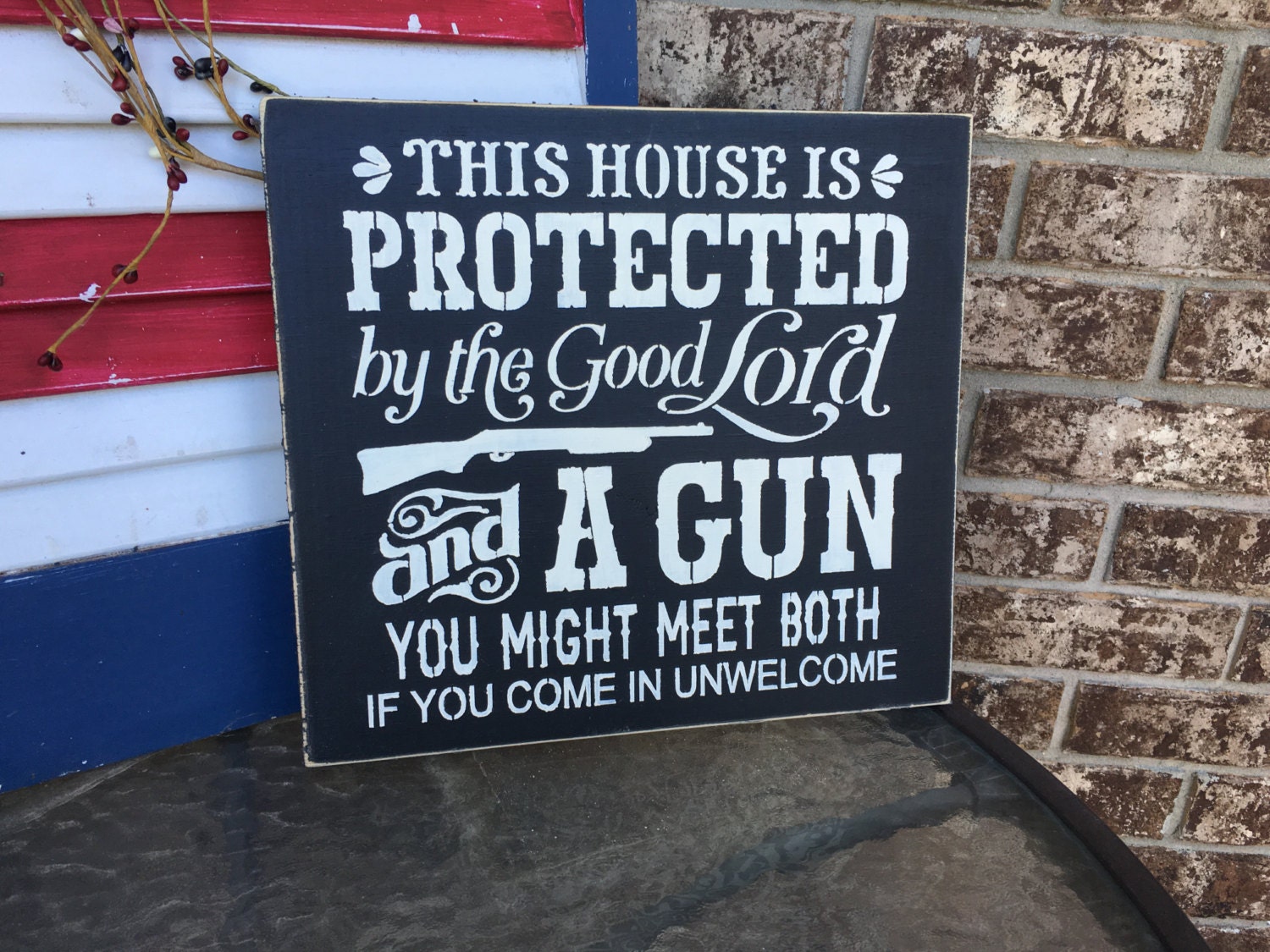 House Protected by the Good Lord and a Gun Security Humor 10"x7" Novelty Sign 