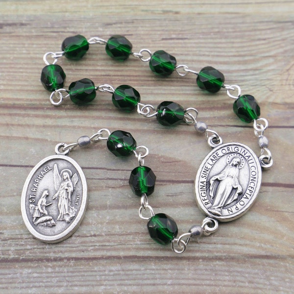 Saint Raphael Archangel Chaplet - Angel of Healing Saint Catholic Pocket Chaplet Rosary Beads with Our Lady of Grace Miraculous Medal