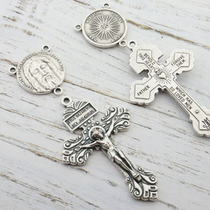 Rosary Parts Set DIY - Large 2 inches Italian Oxidized Silver Plated Pardon Crucifix - Rosary Components - Rosary Findings Set