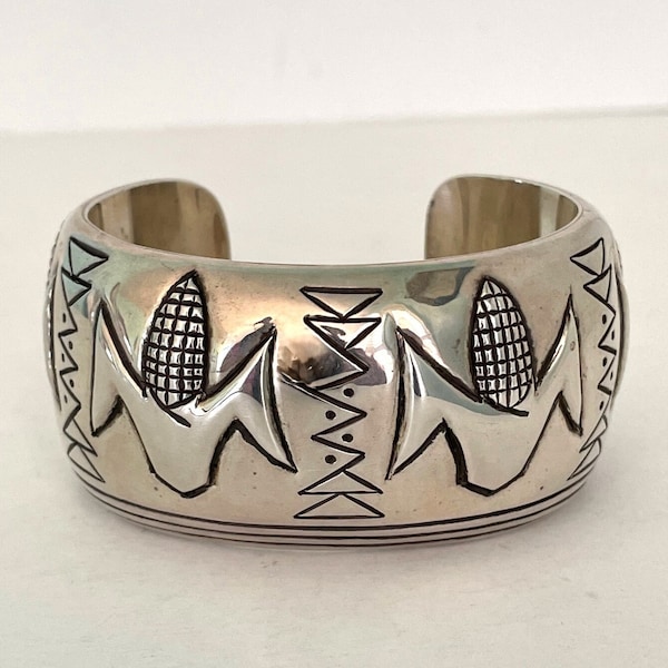 HARVEY BEGAY NAVAJO 925 Sterling Wide Cuff Bracelet - Hand Carved by Artist - Estate Vintage