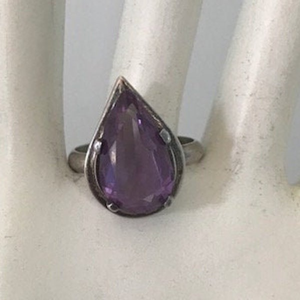 Amethyst 925 Sterling Pear Shaped Stone Ring - Mexico - Eagle 3 - Estate Vintage