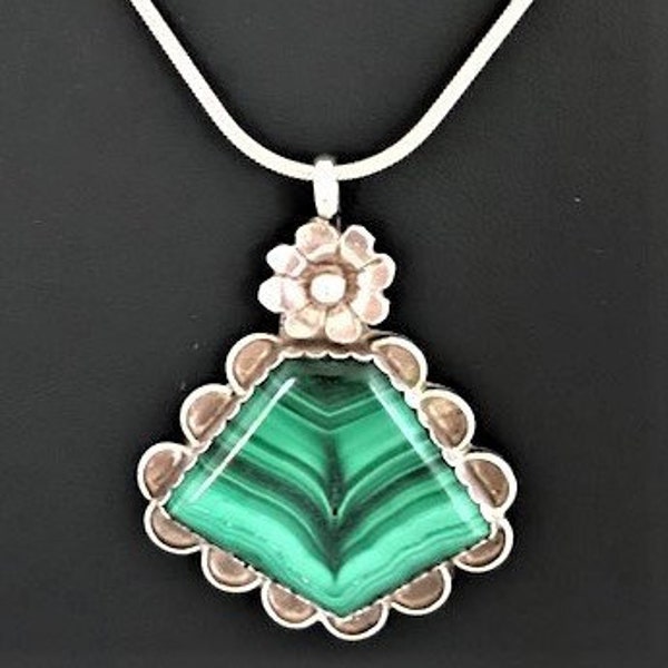 WP Wilson Padilla Sterling Malachite Flower Pendant - Navajo - Native American - Vintage