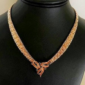 Sterling ITALY 925 Riccio Mesh V Shaped Necklace with SAPPHIRES -  Estate Vintage - Rose Gold Color