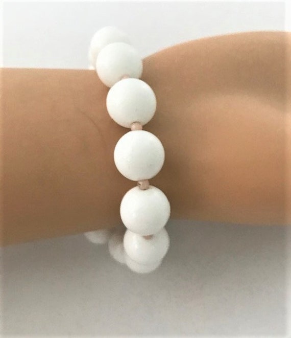 White CORAL BEAD CUFF Bangle Bracelet with Tiny Ro