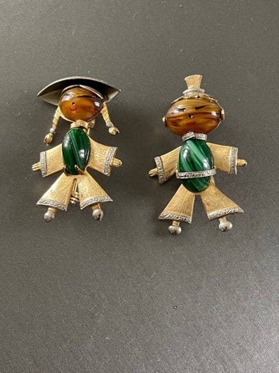 Asian Boy and Girl Pins Brooches - Malachite and T