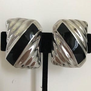 ONYX 925 Sterling Silver MEXICO Clip Earrings - Large Rectangular Shape - TD-105 - Taxco - Estate Vintage